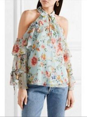 Alice + Olivia Blayne Cold Shoulder Floral Print Silk Blouse Small
